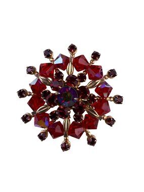 Silver Tone Womens Red Crystal Snowflake Brooch Costume Jewelry Round Design